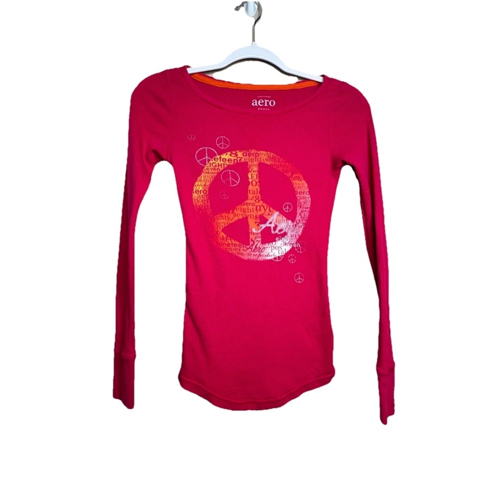 Y2k Aeropostale Slim Fit Waffle Knit Pink Long Sleeve Peace Sign Thermal S N25